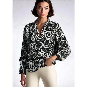 Dressbarn Blouse Top Black White Patterned Size Large Long Sleeves Cinched Waist